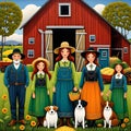 image of karla gerard style mixed with Loish style of an Irish farmer,wife,children in front of their barn.