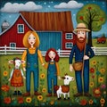 image of karla gerard style mixed with Loish style of an Irish farmer,wife,children in front of their barn.