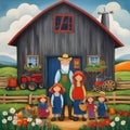 image of karla gerard style mixed with Loish style of an Irish farmer,wife,children in front of their barn.