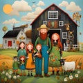 image of karla gerard style mixed with Loish style of an Irish farmer,wife,children in front of their barn.