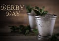 Image for Kentucky Derby in May showing two silver mint julep cups with crushed ice and fresh mint.