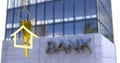 Image of key in house keychain over bank text on modern building