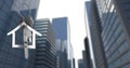 Image of key in house keychain over low angle view of modern buildings against sky