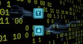 Image of key, padlock icons, binary coding over circuit board on black background Royalty Free Stock Photo