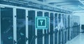 Image of key in square, circuit board pattern and connected dots over data server racks Royalty Free Stock Photo