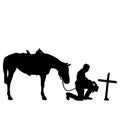 Kneeling cowboy praying on a cross EPS vector file