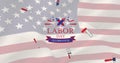 Image of labor day celebration text over tools and american flag Royalty Free Stock Photo
