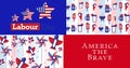 Image of labour day america the brave text over icons coloured with american flag Royalty Free Stock Photo