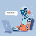 A woman using a laptop computer is having a talk with an intelligent artificial intelligence (AI) through a chat bot. The AI