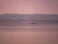 Image of lake Ammer with rowing boat and village with church in the background during sunset Royalty Free Stock Photo