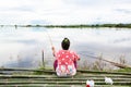 Image of lake in Asia , Woman portrait. Fisherman in lake. Traditional countryside in rural part of Cambodia