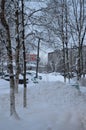 After snowfall in the city of Kandalaksha. December 2019 year Royalty Free Stock Photo