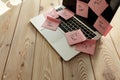 Image of laptop full of sticky notes reminders on screen. Work overload concept image. Coworking or working at home concept image Royalty Free Stock Photo