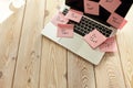 Image of laptop full of sticky notes reminders on screen. Work overload concept image. Coworking or working at home concept image Royalty Free Stock Photo