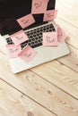 Image of laptop full of sticky notes reminders on screen. Work overload concept image. Coworking or working at home concept image Royalty Free Stock Photo