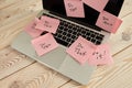 Image of laptop full of sticky notes reminders on screen. Work overload concept image. Coworking or working at home concept image