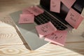 Image of laptop full of sticky notes reminders on screen. Work overload concept image. Coworking or working at home concept image Royalty Free Stock Photo