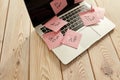 Image of laptop full of sticky notes reminders on screen. Work overload concept image. Coworking or working at home concept image Royalty Free Stock Photo