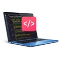 Laptop displaying code with a programming language symbol overlay Royalty Free Stock Photo