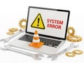 Laptop displaying a system error with tools and gears around it Royalty Free Stock Photo