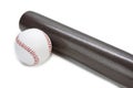 Image of Laquered Wooden Brown American Baseball Bat Along With Clean Leather Ball Placed Together Over White Background Royalty Free Stock Photo