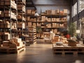 An image of a large, bright warehouse with floor-to-ceiling rows of aisles and containers. Internal passage of an industrial