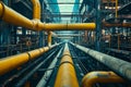 An image of a large industrial pipe line consisting of yellow pipes, A maze of pipes in a busy factory setting, AI Generated