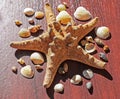 Image with a large sea star surrounded by many shells. Starfish on wood background. Elements of sea and ocean. Vacation memories Royalty Free Stock Photo