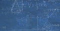 Image of layers of mathematical formulae and equations over blue chalkboard Royalty Free Stock Photo