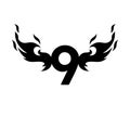 The number 9 Flaming wings letter from the alphabet EPS vector file
