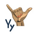 Image of the letter Y for American Sign Language: hand icon with finger movement on a white background.