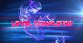 Image of level completed text banner over light spot and digital waves against blue background Royalty Free Stock Photo