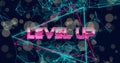 Image of level up text banner over network of connections and spots of light on blue background Royalty Free Stock Photo
