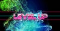 Image of level up text between lines over dynamic dots forming waves against abstract background