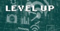Image of level up text over grid with icons and data processing Royalty Free Stock Photo