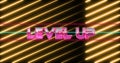 Image of level up text over neon banner against neon yellow light trails in seamless pattern Royalty Free Stock Photo