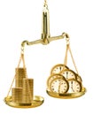 image of libra, watches and coins as a symbol of income and wealth closeup