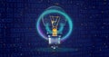 Image of light bulb, neon circle and binary coding data processing Royalty Free Stock Photo