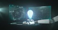 Image of light bulb and robotic hand over mathematical equations on black background