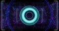 Image of light flashes and blue circular scanner processing data black background