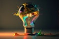 Image of lightbulb with colourful stains on dark background, created using generative ai technology Royalty Free Stock Photo