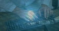 Image of lightbulb over robot\'s arm, binary coding and man typing on computer keyboard Royalty Free Stock Photo
