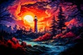 Image of lighthouse in the middle of sunset. Generative AI Royalty Free Stock Photo