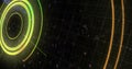 Image of lights and colourful circular scanner processing on black background