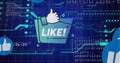 Image of like text and icon with data processing over computer servers Royalty Free Stock Photo