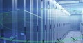 Image of line moving in circle and computer language over data server room Royalty Free Stock Photo
