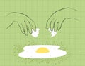 image with linear hands breaking egg and cooking