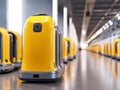 Image of a lined-up array of yellow robots on a metallic floor in an industrial space Robots have cylindrical bodies and