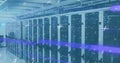 Image of lines flickering and markers moving over computer servers in background Royalty Free Stock Photo