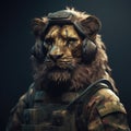 Image of a lion dressed in a tactical military outfit on a clean background. Wildlife Animals. Illustration, Generative AI Royalty Free Stock Photo